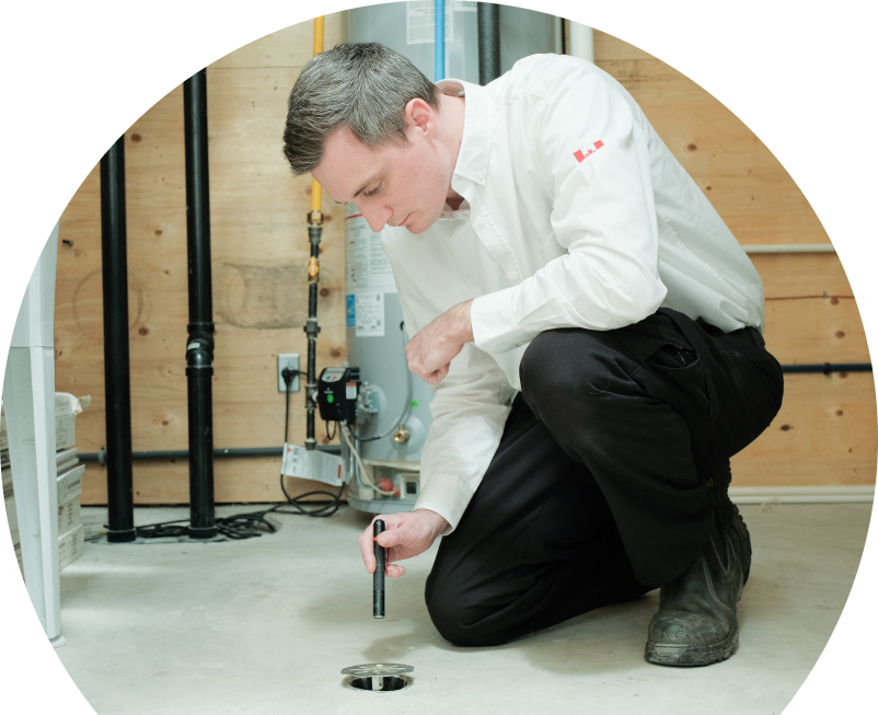 Shines plumbing specialist inspecting a basement floor drain with a flashlight during a drain cleaning service, in a utility room with visible pipes, water heater, and wood panel walls.