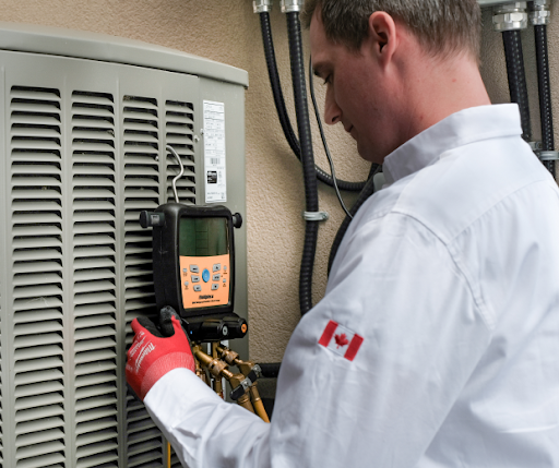 Shines Energy technician diagnosing refrigerant pressure on an outdoor AC condenser during an emergency service call.